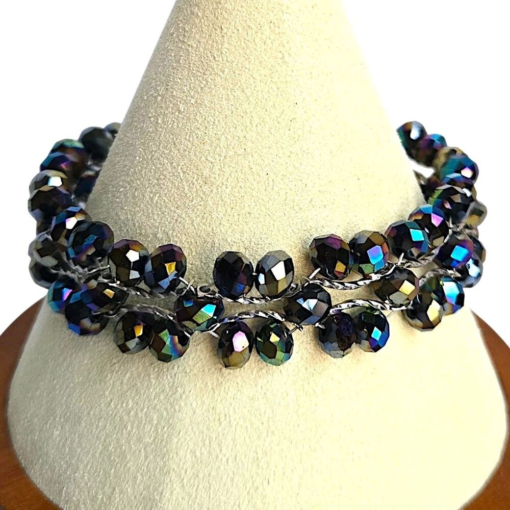 Peacock AB Faceted Crystal Beaded Bracelet Silver Tone Woven Magnetic Clasp 7